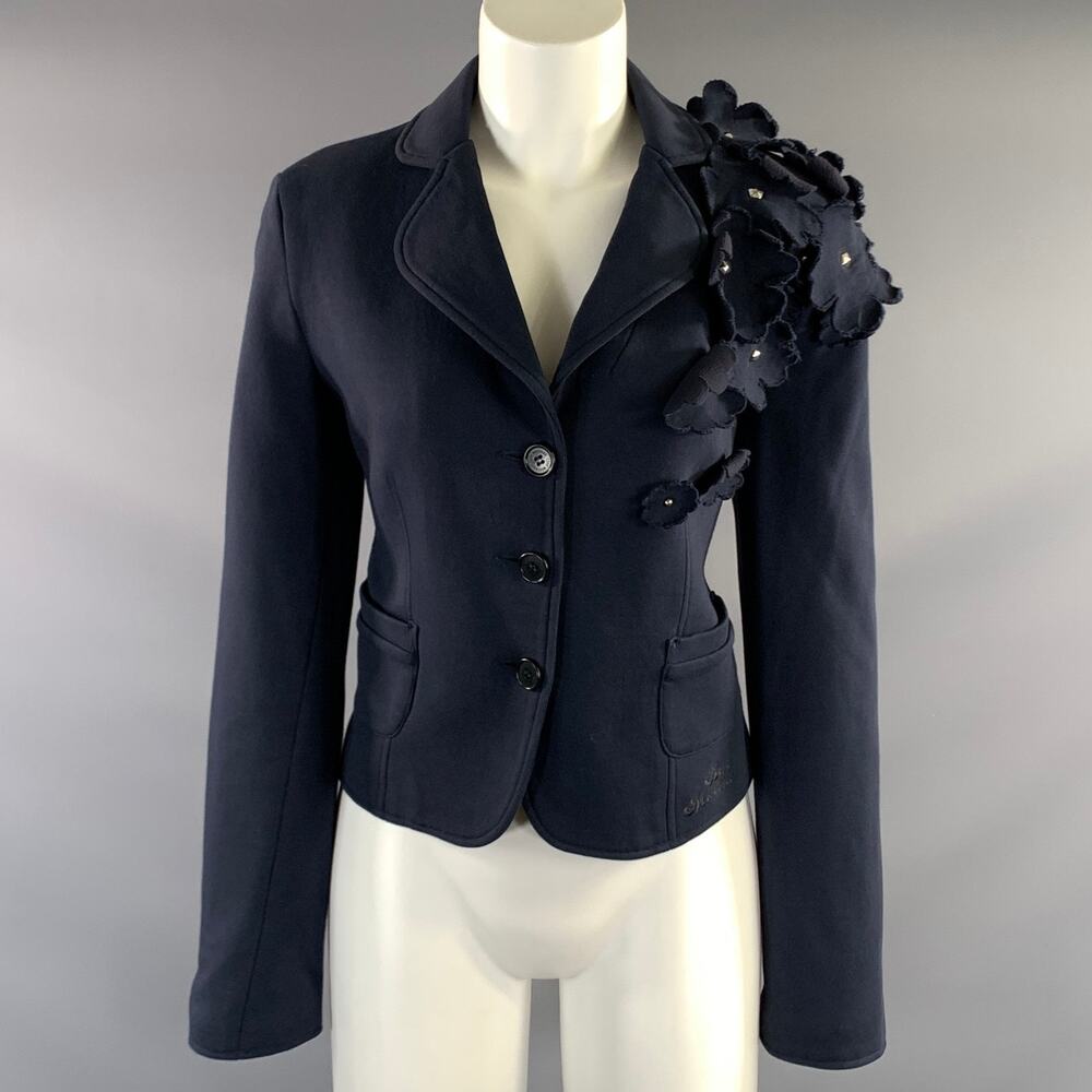 LOVE MOSCHINO Size 8 Navy Cotton Floral Notch Lapel Jacket Blazer